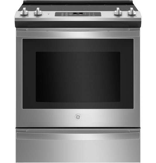 GE® Smooth Top 30" Slide-In Electric Convection Range with No Preheat Air Fry | Stainless Steel (JS760SPSS) +